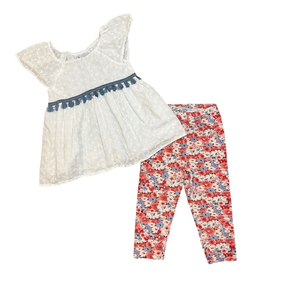 Pippa & Julie Girls Eyelet Top and Floral Capri Set, White/Red/Blue, Size 6